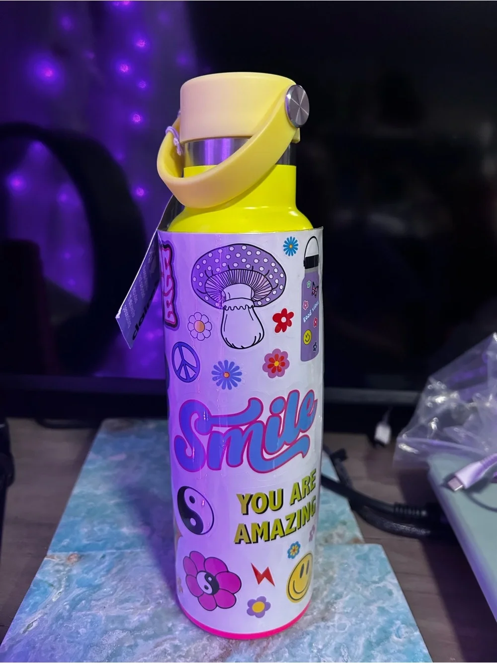 Claire's Yellow and Pink Retro Sticker Kids Water Bottle